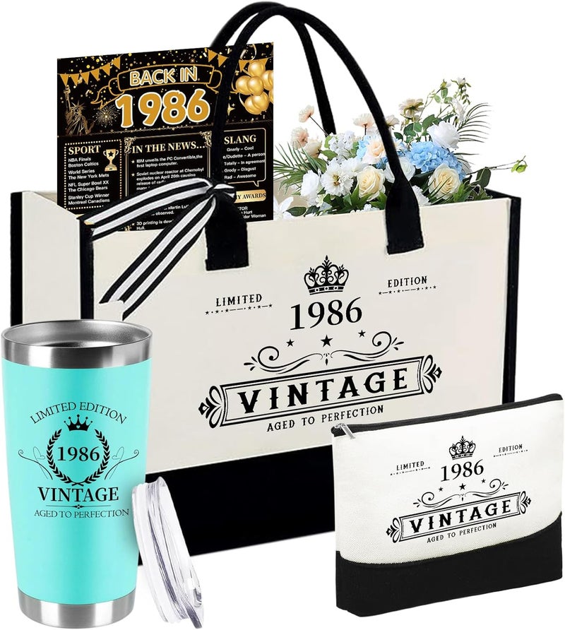 TrophyToast 40th Birthday Gifts for Women Her- 4 pcs, Turning 40 Year Old Gifts, Birthday Decorations Canvas Beach Tote Bag & Makeup Bag, Unique Happy 40th Present for Her Mom Wife Friends - Image 1